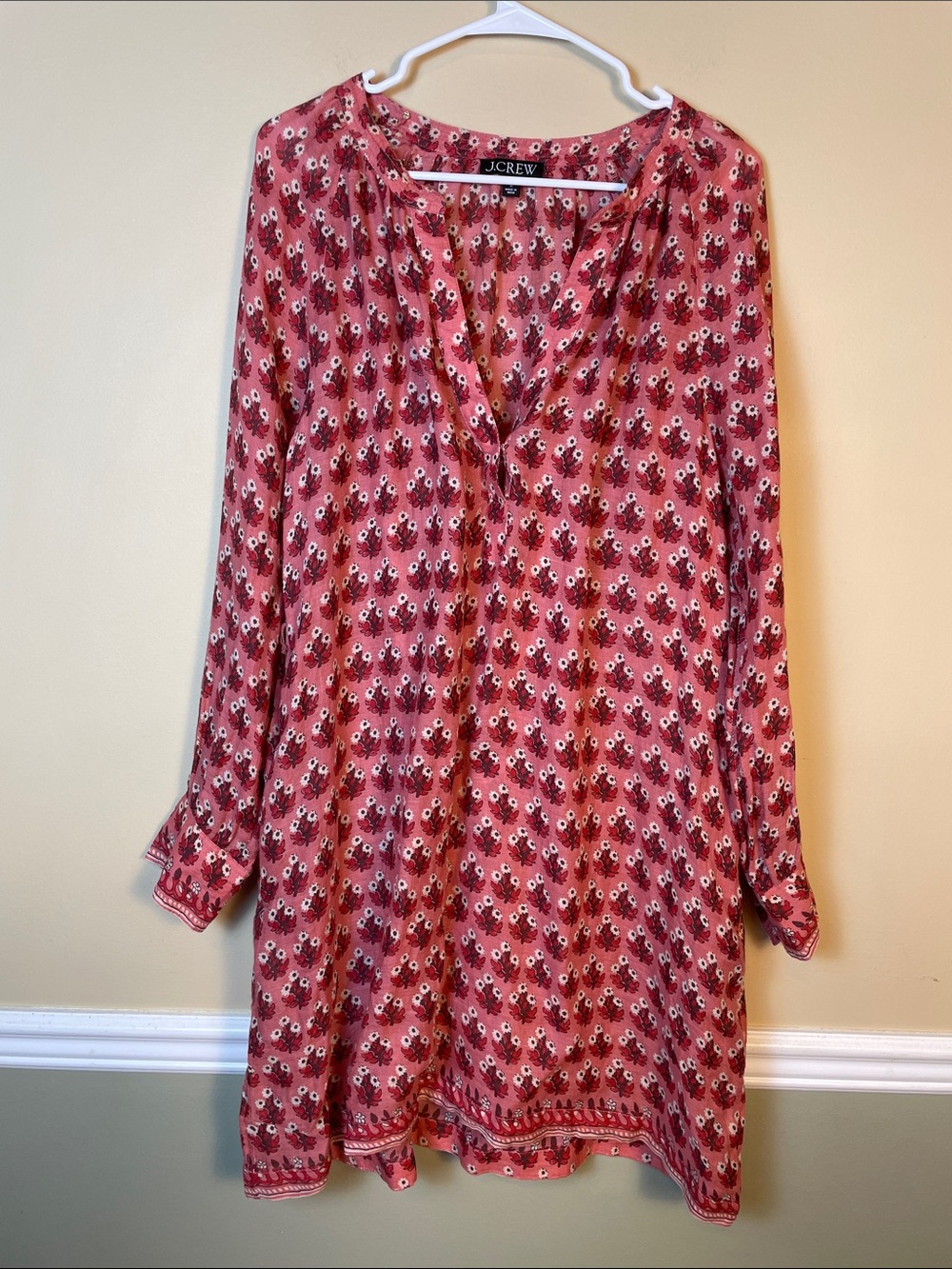 J. Crew Women’s Floral Print Red White Split Neck Beach Summer LS Tunic Dress
